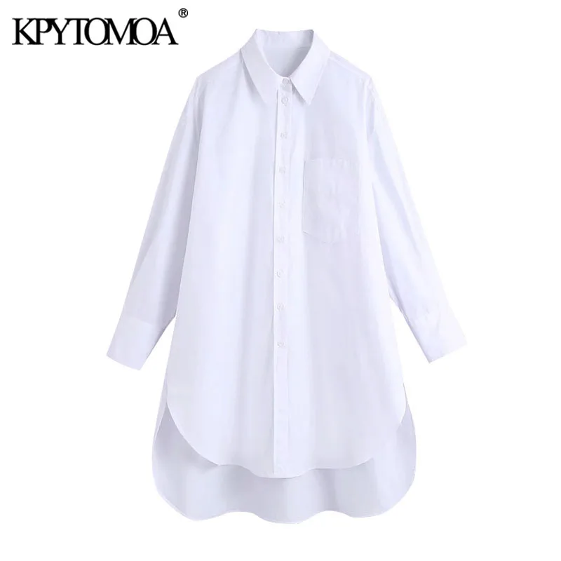 

KPYTOMOA Women 2020 Fashion With Pocket Oversized Asymmetric Blouses Vintage Long Sleeve Side Vents Female Shirts Chic Tops