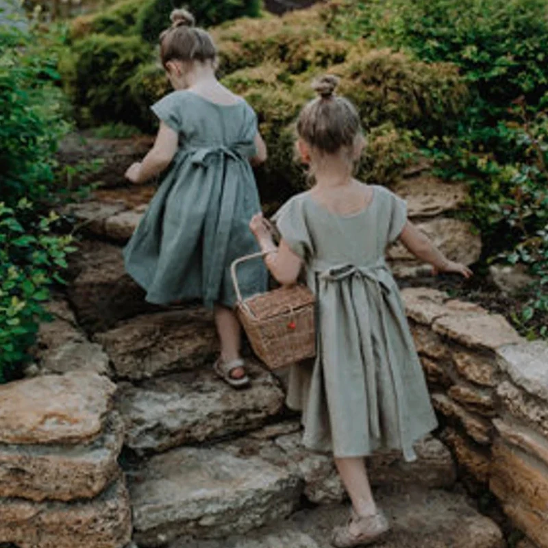Новинка 2022 льняное платье для девочек в сельском стиле с цветами летние платья