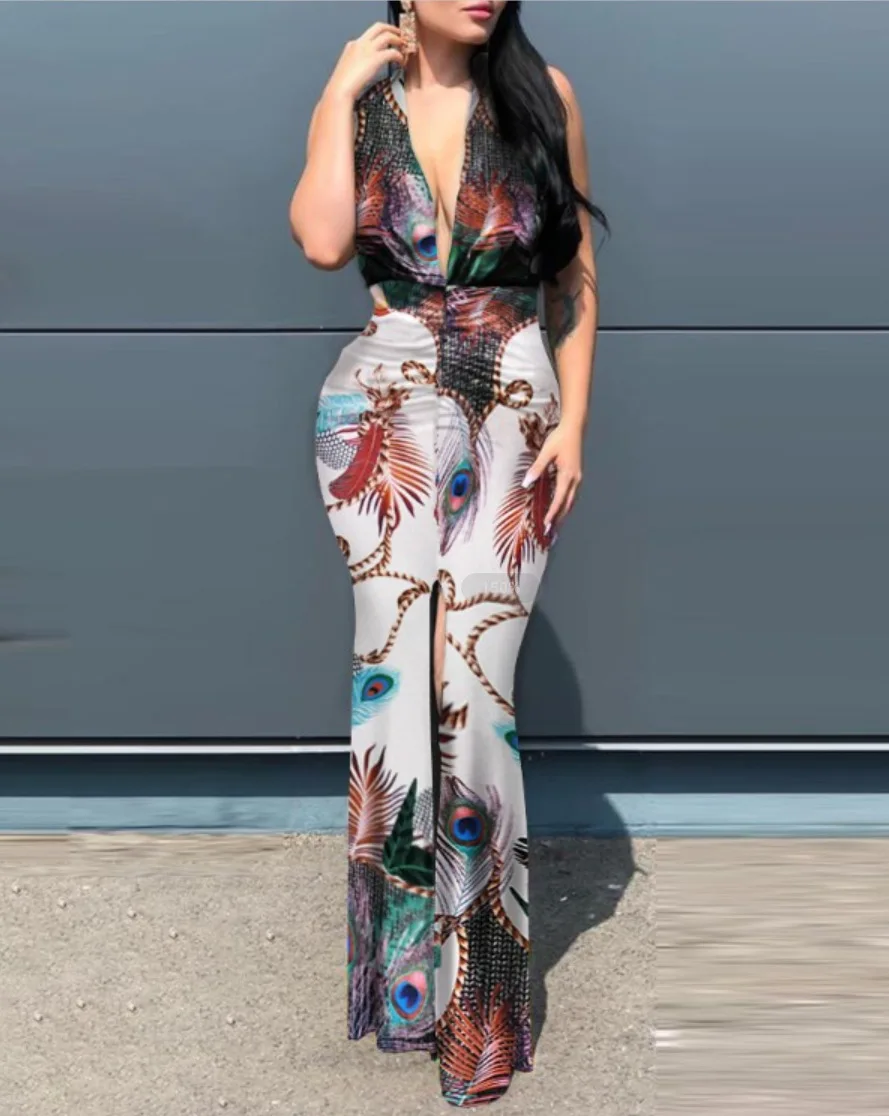 

Nice Summer Pop Sexy Fashion Sleeveless V-neck Printed Splicing One-piece Dress
