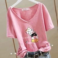 cartoon print cat short sleeved tshirt female v neck tops summer cotton thin tees shirt casual loose clothes white pink femelle