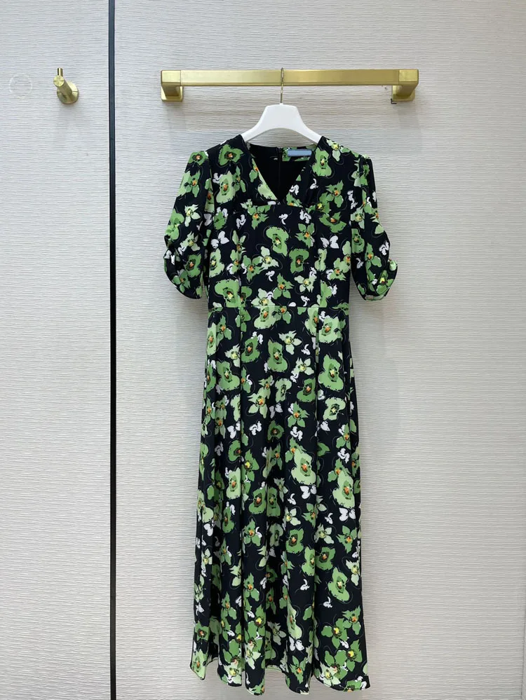 

Long Luxury Dress Brand Women 2021 Spring Summer Puff Sleeve V-neck High Waisted Casual Holiday Floral Printed Polyester Dresses
