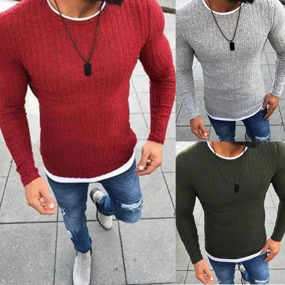 

Men Winter Solid Color O Neck Long Sleeve Knitted Pullover Slim Thin Sweater