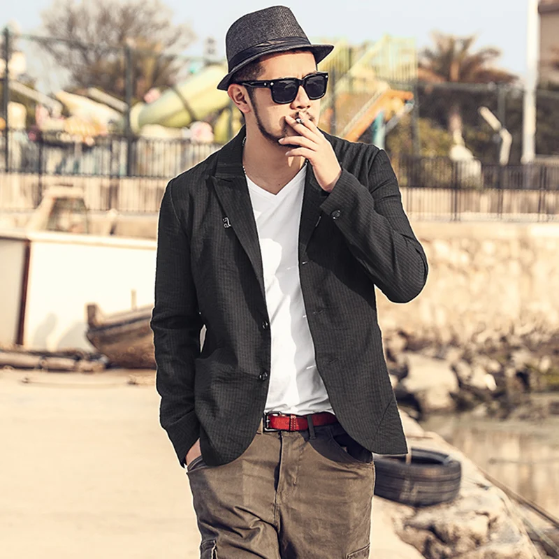 

Весна и осень Новый черный темно-полосатый мужской повседневный костюм Тонкий костюм мужской маленький костюм кардиган f6050