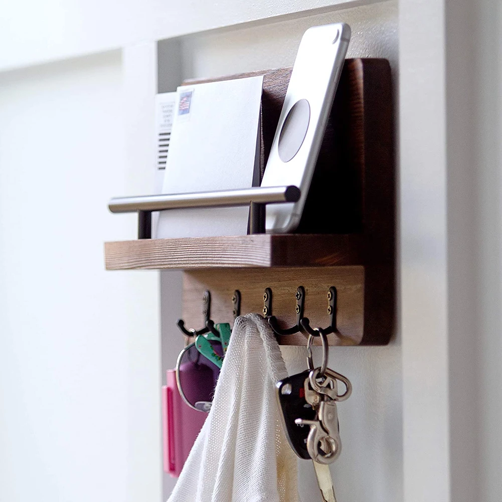

Wall Mounted Rack Shelf Retro Wooden Key Holder With 5 Key Hooks For Mail Bill Storage Towel Kitchen Key Hanger Hook On Wall