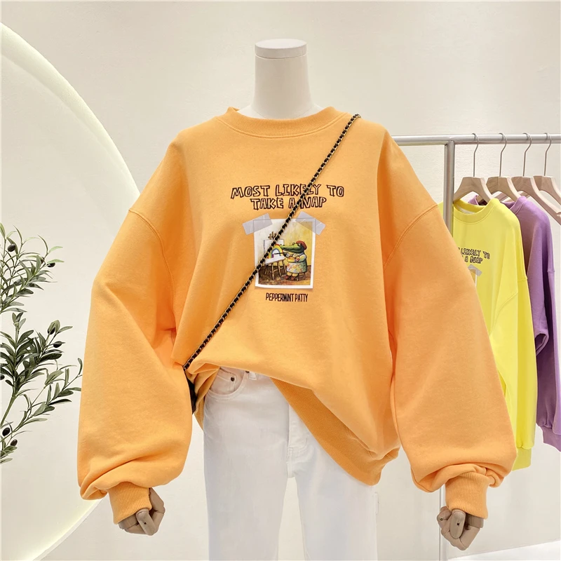 

Spring and Autumn New Korean Style All-Matching Printed Loose Terry Cotton Long-Sleeved Pullover Women's Shirt Trendy Sweatshirt