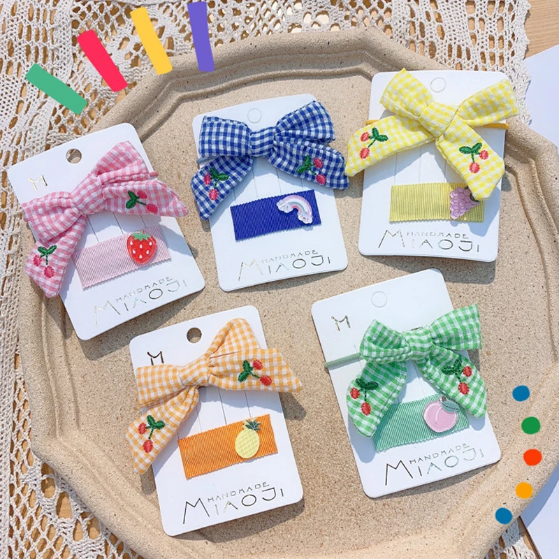 2Pcs/Set Kids Cartoon Hair Accessories Cherry Fruit Elastic Band Hairpins Headwear Set Girls Plaid Bow Clips Headdress |