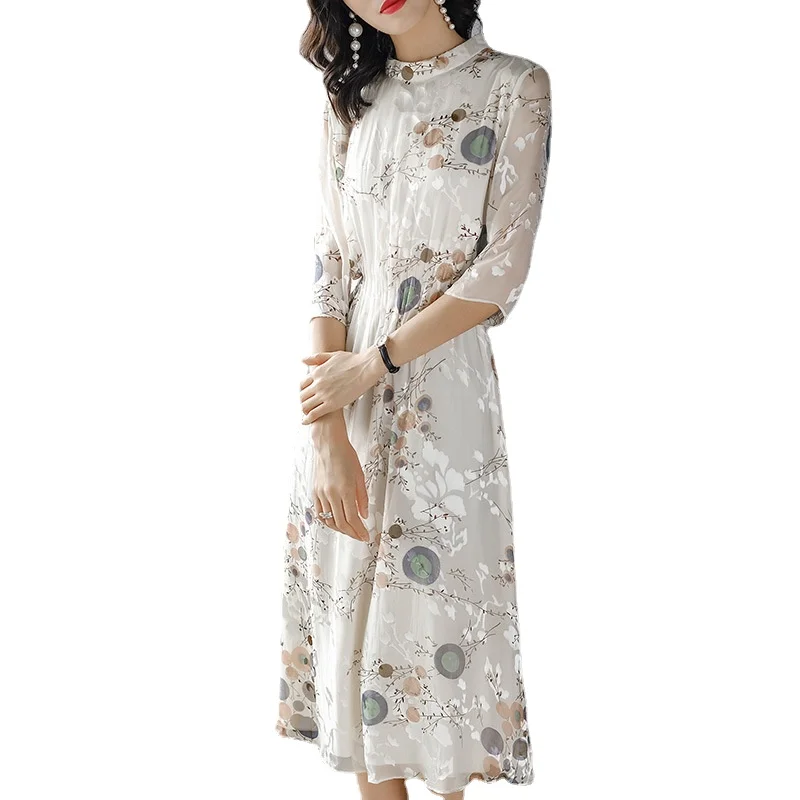 

72247 Silk Dress New Women's Printed Silk Dress Slim Fit Medium Length
