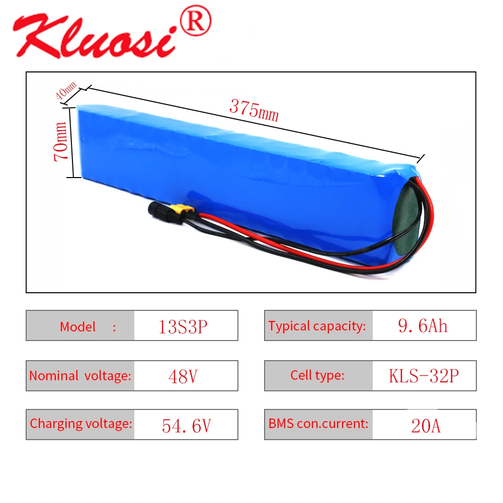 

Литиевая аккумуляторная батарея KLUOSI 13S3P, 48 В, 250 А/ч, 10 А/ч, 450 Вт, 750 Вт, 54,6 в, в, встроенная 20 А, BMS для скутера, электровелосипеда, двигателя XT60