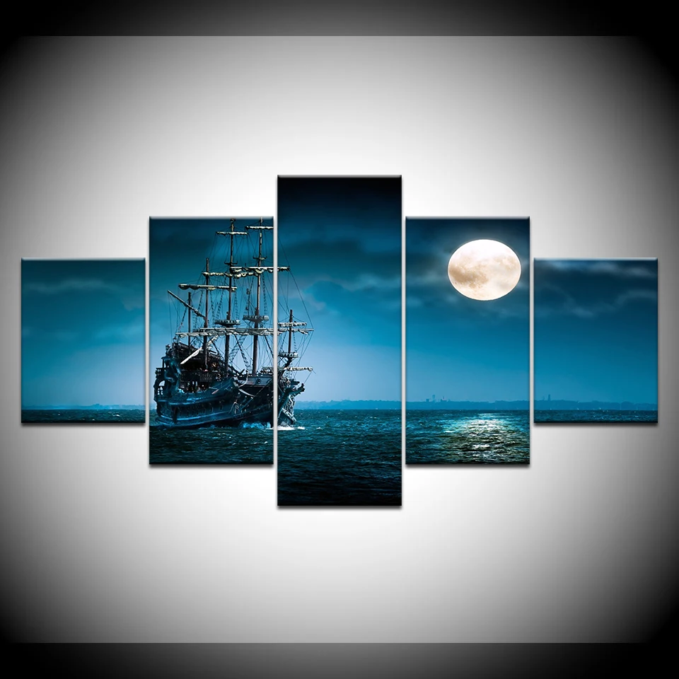 Картина на холсте корабль море ночное небо 5 шт. настенная живопись модульные