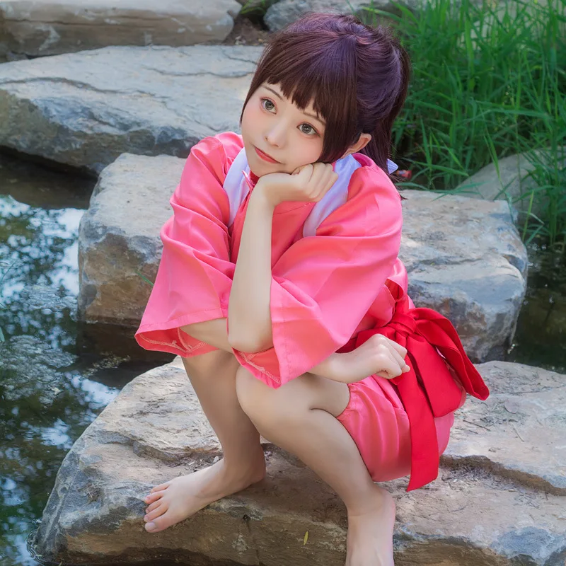

Anime Spirited Away Cosplay Suits Ogino Chihiro Cosplay Costume Pink Kimono Sets Halloween Costumes