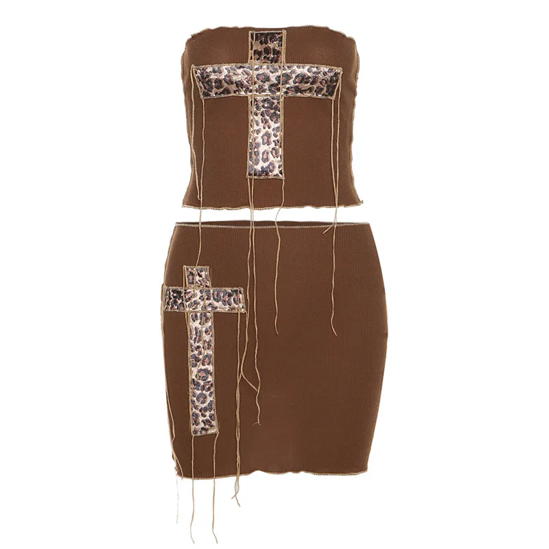 

Sleeveless Strapless Mini Skirt Summer Women's Fashion Solid Color Leopard Decoration Streetwear Party Vacation Casual Clothing