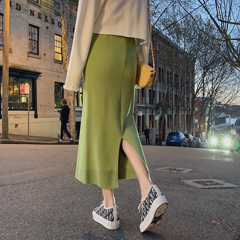 REALEFT зимние Фиолетовые женские вязаные длинные юбки-футляры повседневные юбки до