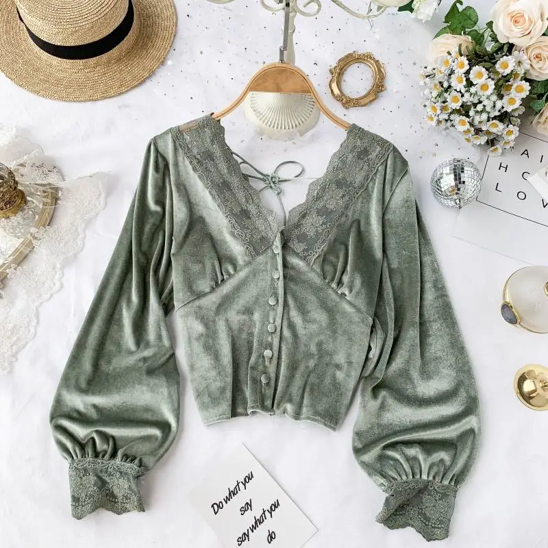 Новинка 2019 модная Женская Осенняя кружевная одежда с V-образным вырезом и пышными