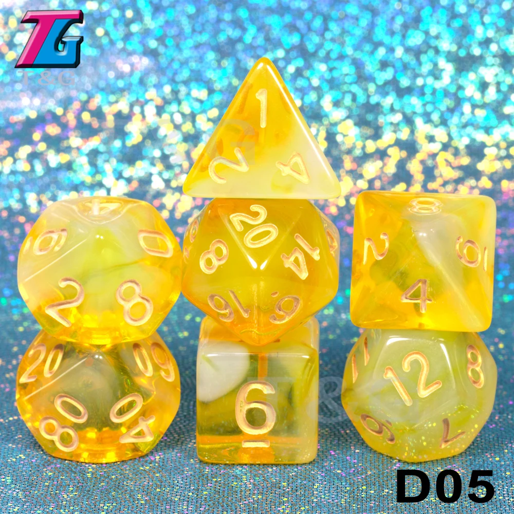 D05 7 шт./компл. многогранные TRPG игры для подземелий драконов непрозрачные D4-D20 многогранные кости Поп для настольной игры - Цвет: D05