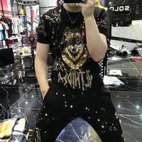 brand mens tracksuit street style 2 piece suit heavy industry printed t shirt hot rhinestone casual pants male sportswear
