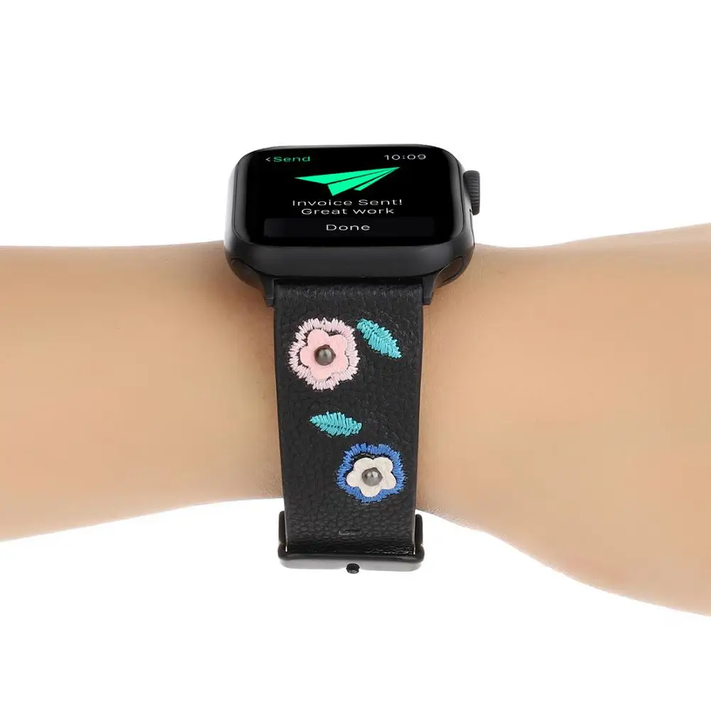 Ремешок с цветочной вышивкой для apple watch Band 40 мм 44 38 42 спортивный браслет из мягкой