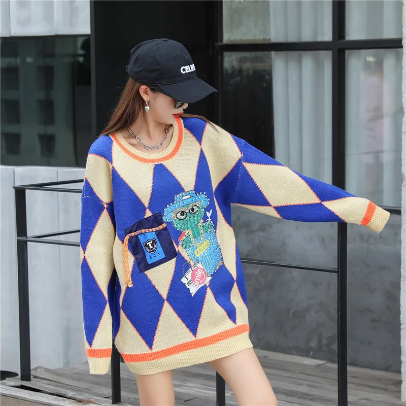 

2021 Autumn Winter Long Sweaters Women Argyle Beading Pullover Knitting Sweater Cartoon Sequin Knitwear Tops