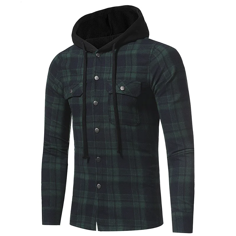 Hooded shirt men fashion Hip hop Streetwear plaid shirt men High street social checkered long sleeve shirts
