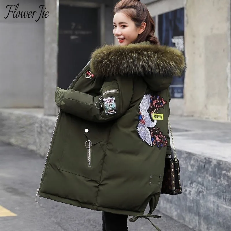 

Flower Jie Long Parka Plus Size Loose Embroidery Hooded Fur Collar Winter Coat Women Casual Thick Warm Overcoat Fashion Jacket