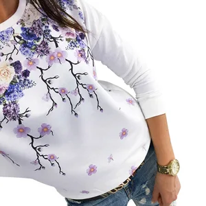 Женская футболка с длинным рукавом, круглым вырезом и цветочным принтом