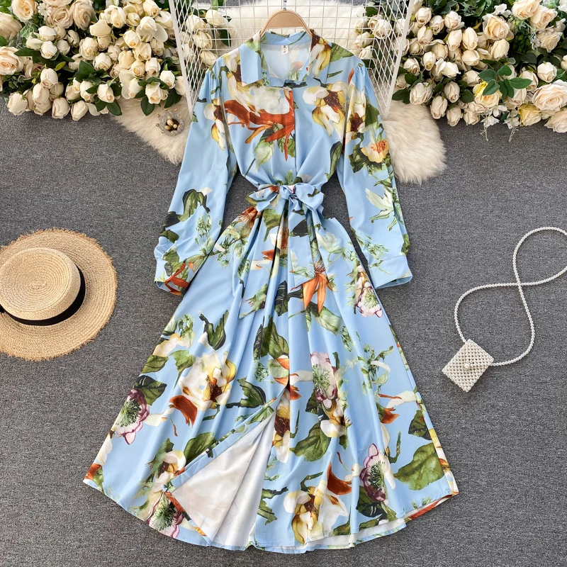 

Модное женское Платье макси с поясом и принтом с длинным рукавом для вечерние, повседневная женская одежда для отпуска на весну и лето B346