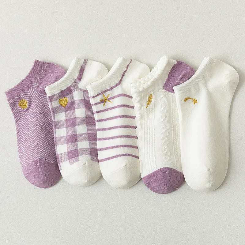 

Women Socks Slippers Purple Kawaii Plaid Striped Korean Cute Socks Summer Invisible No Show Sock Female calcetines de la mujer