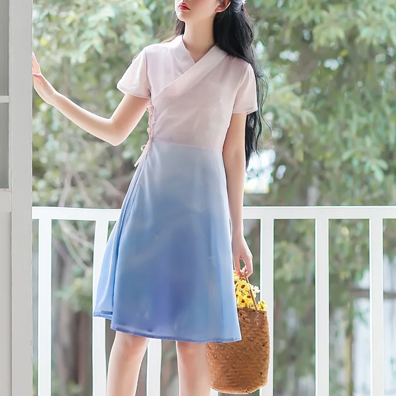 

Платье Чонсам в китайском стиле женское, улучшенная версия, градиентное платье с коротким рукавом, одежда для повседневной жизни, лето 2020