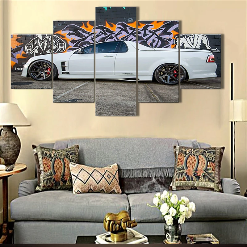 Белый спортивный автомобиль в рамке 5 панелей Wall Art Холст Картина Современная