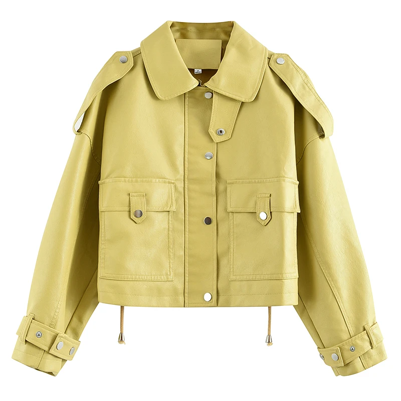 

Zcwxm 2021 Spring Women Faux Leather Jacket PU Large Pocket Drawstring V-Neck Long Sleeves Casual Yellow Moto Short Coats