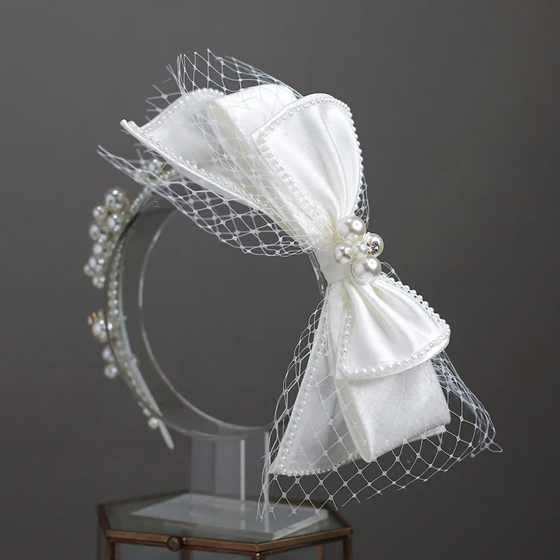 

Exquisite New Satin Bow hairband face veil flower Pearl decorated hair wear Bridal Wedding hair Accessories