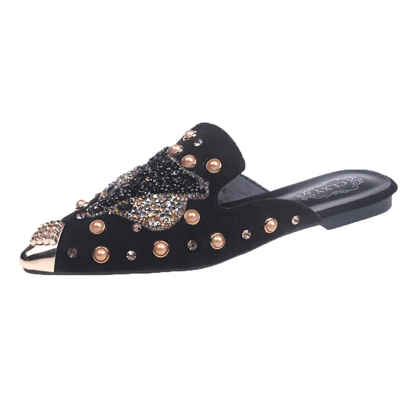 

Female Shoes Ladies' Slippers Loafers Cover Toe Low Rivet Mules For Women 2021 Glitter Slides New Summer Flat Jelly Basic PU Rub