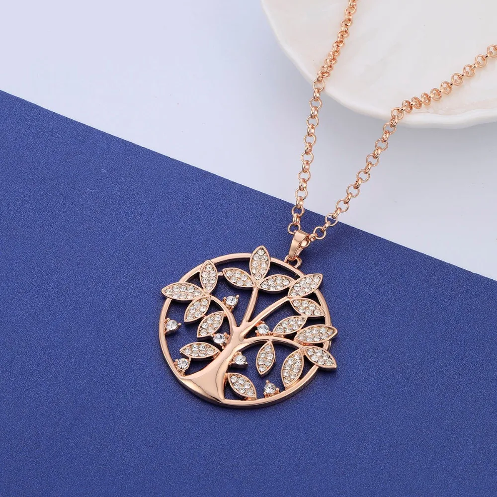 

Big Round Tree Of Life Gold Necklaces & Pendants For Women Rose Gold Color Crystal Leaves Tree Statement Jewelry Gift 2021 New