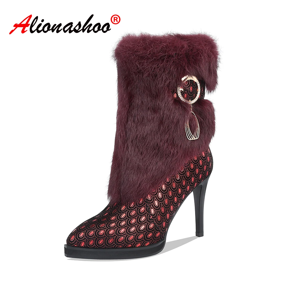 Женские ботильоны из натуральной бычьей кожи Зимние на высоком каблуке с острым