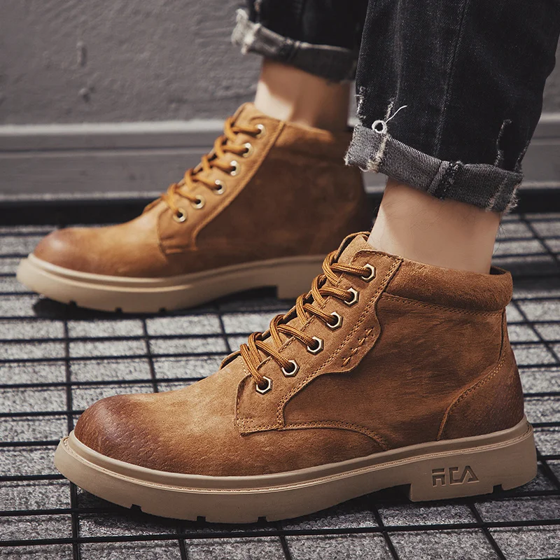 Высокие мужские ботинки из натуральной кожи Рабочая обувь на шнуровке модные