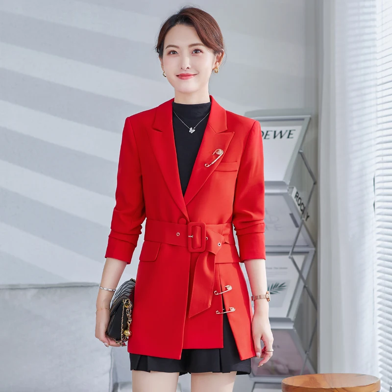 2021 Women Coat Fashion Elegant Red Jacket with Belt OL Styles Autumn Winter Blazers for Women Business Work Blaser Outwear Tops
