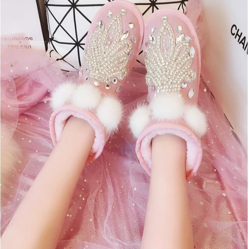 2019 Зима Новый Ручной Работы Стразы кожаная короткая труба зимние ботинки женские