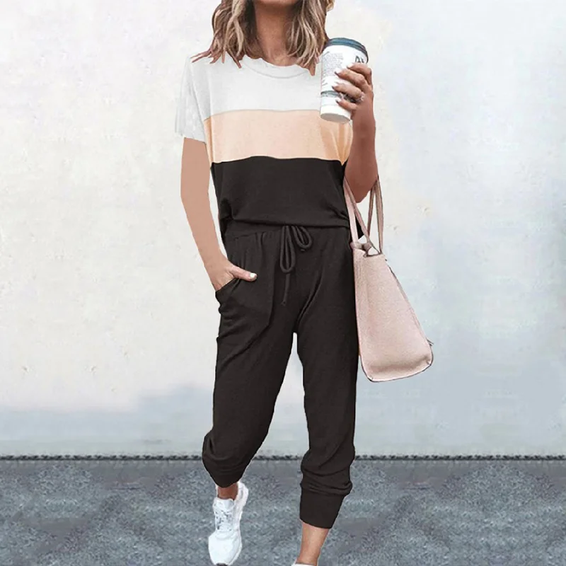 

Contrast T shirt Drawstring Pant Tracksuit 2 Piece Set Women Short Sleeve Top Sweatpants Casual Suit Summer Sporty Sets Female
