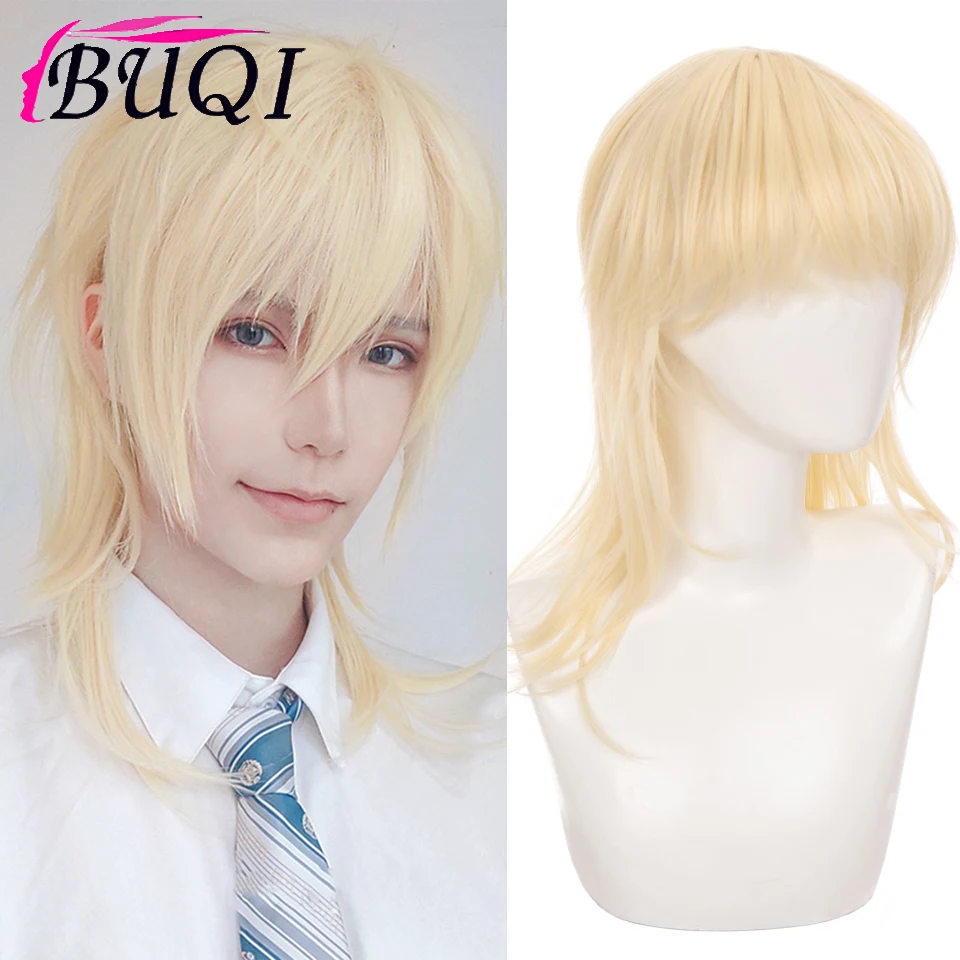 

Синтетический короткий золотой парик BUQI с челкой, черные высокотемпературные волосы Prince, парики для косплея для женщин и мужчин, парики из аниме для вечевечерние