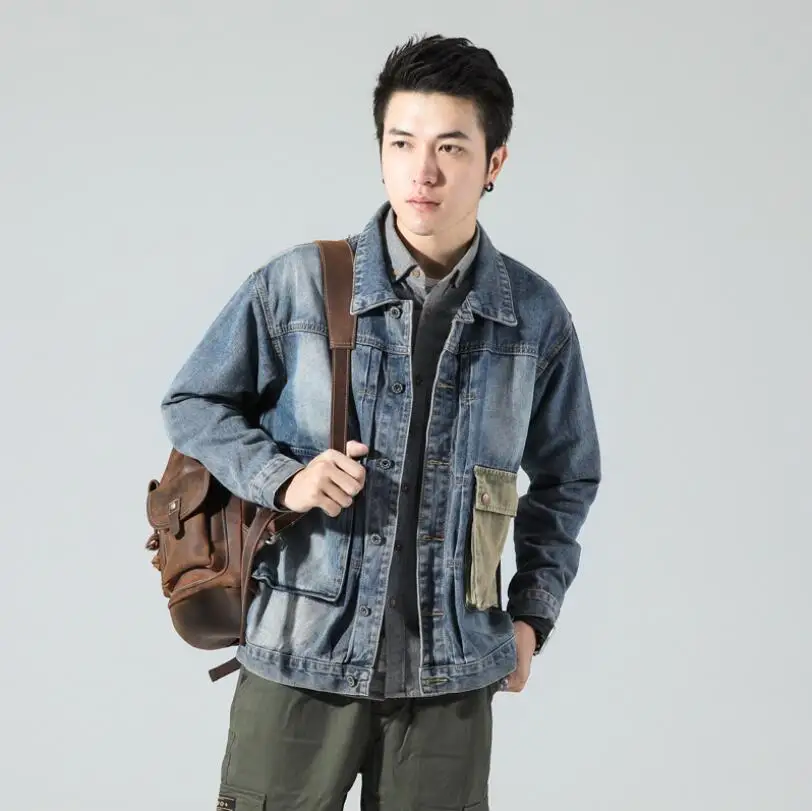 Japanese Vintage Fashion Men Denim Jackets Designer Big Pocket Overalls Cargo Jeans Jackets 2021Casual Hip Hop Chaqueta w1659