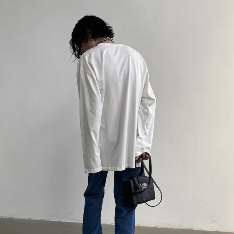 

IEFB Autumn New Tops American Style High Street Rock Theme Print Punk Loose Round Collor Long Sleeve Couple White T-shirt Unisex