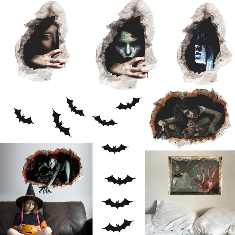3d яркая разбитая страшная ручная летучая мышь Настенная Наклейка на стену