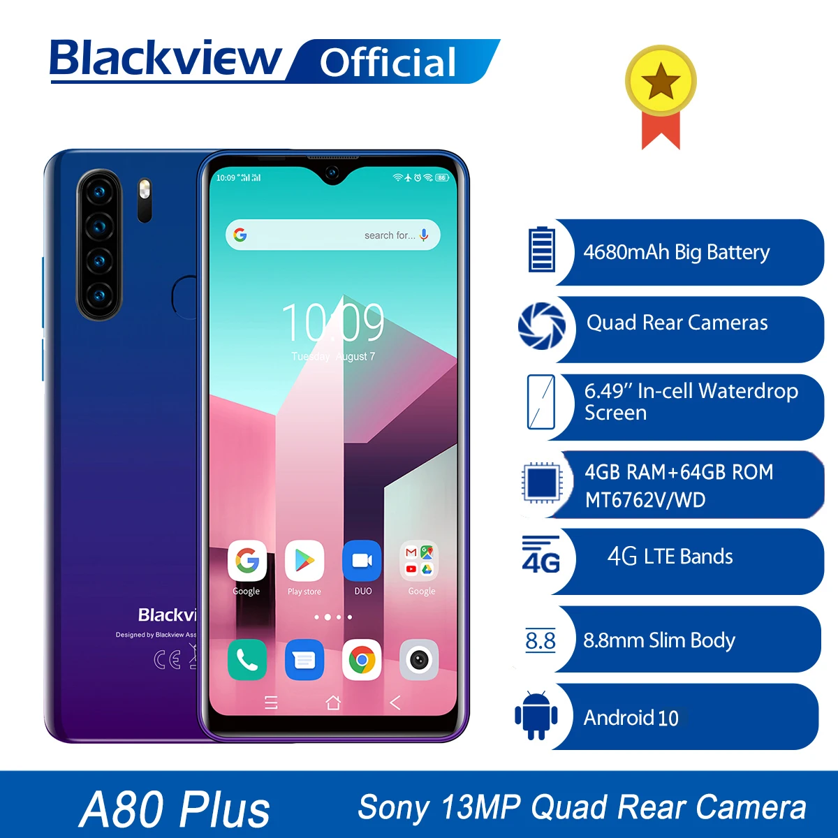 Перейти на Алиэкспресс и купить Blackview A80 плюс мобильный телефон, четыре ядра, 4 Гб Оперативная память + 64 Гб Встроенная память 13MP Quad сзади Камера 6,49 дюймов в виде капли воды, см...