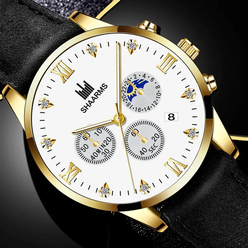 SHAARMS модные синие часы для мужчин с кожаным ремешком из нержавеющей стали