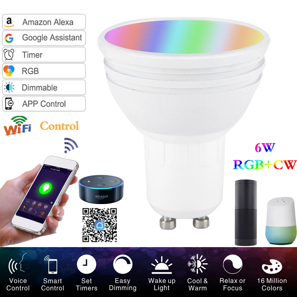 Цветная (RGB лампы RGBW LED GU10 Smart WiFi светильник Светодиодный точечный 6 Вт Wake-UpCompatible с
