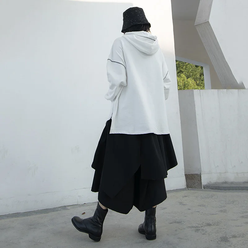 

White Loose Fit Stitch Spliced Sweatshirt New Hooded Long Sleeve Women Big Size Fashion Tide Spring Autumn 2021 1DD1389