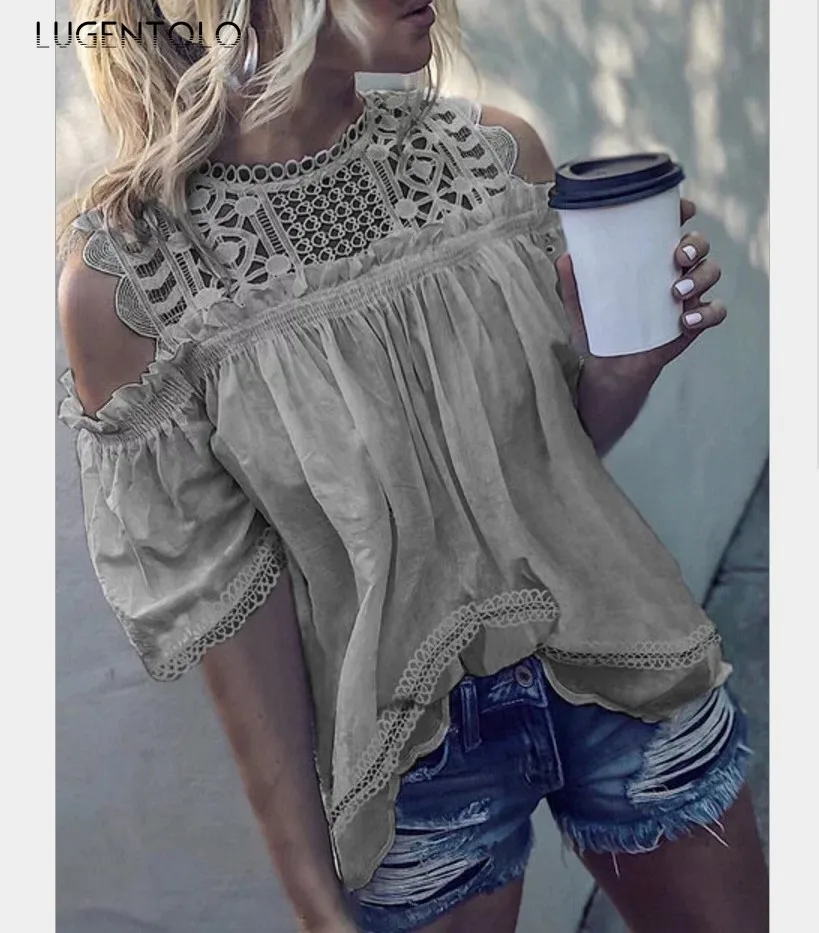 

Блузка Lugentolo женская с круглым вырезом, пикантный топ с рукавом до локтя, элегантная однотонная повседневная одежда, большие размеры, на лет...