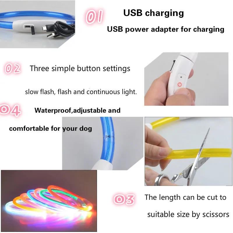USB Перезаряжаемый светильник, ошейник для собак, светодиодный светильник для собак, светящийся ошейник для домашних животных с ночной зарядкой, ошейник для маленьких и средних больших собак
