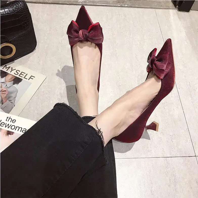 

Silk Pointed Heel Shoes Bowknot Wedding Dresses for Women Elegant Shoes Women Black Wine Red Gold Shoe Woman Heel Girls Pumps