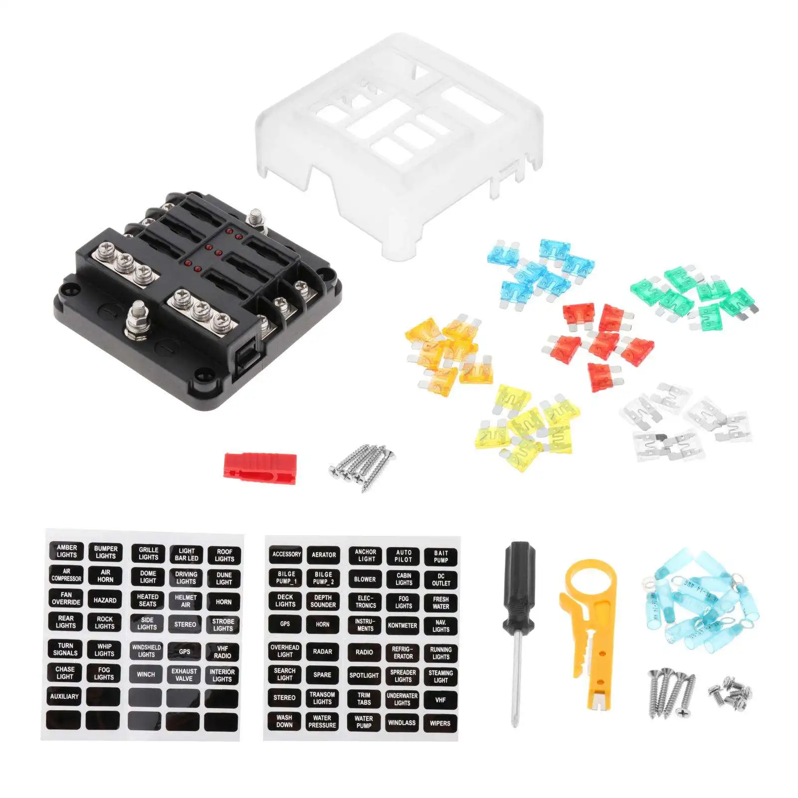Car LED Fuse Box PBT with Protection Cover Damp-Proof Atc/Ato 6 Way Blade Block Fit for ship Automotive Yacht Truck RV Van | Автомобили и