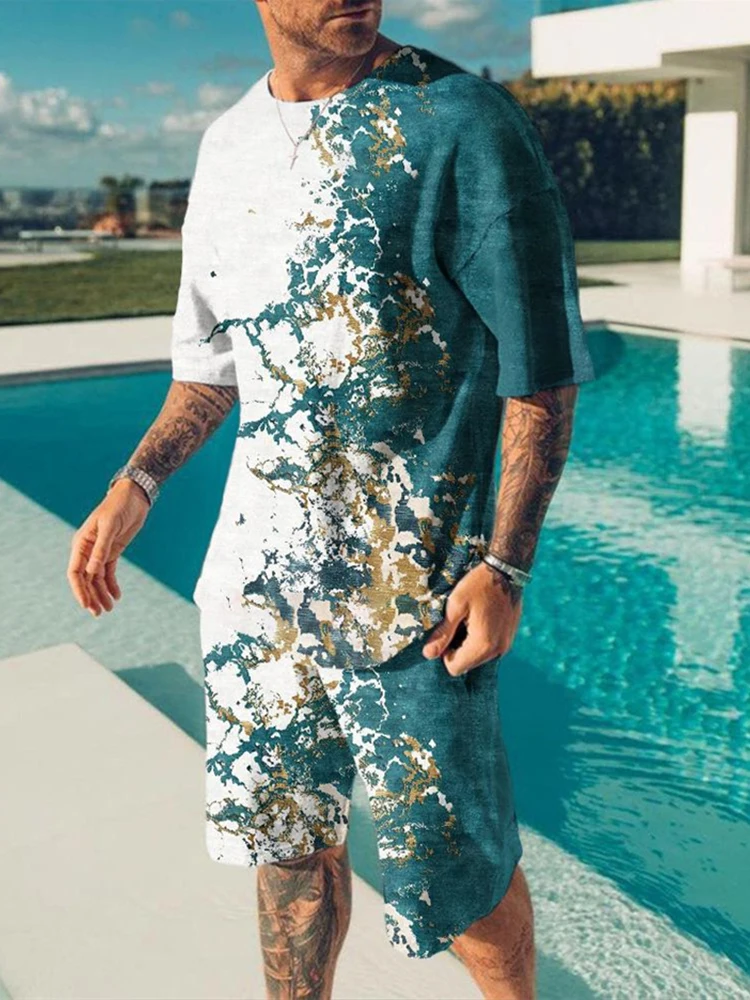 Комплект мужской из футболки и шортов с 3D принтом коротким рукавом|Мужские